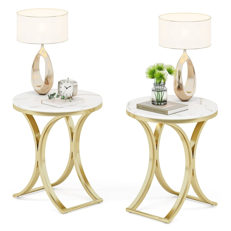 Petite table d'appoint ronde moderne, bout de canapé ou table de chevet avec structure en métal doré et plateau en bois d'ingénierie aspect marbre pour salon