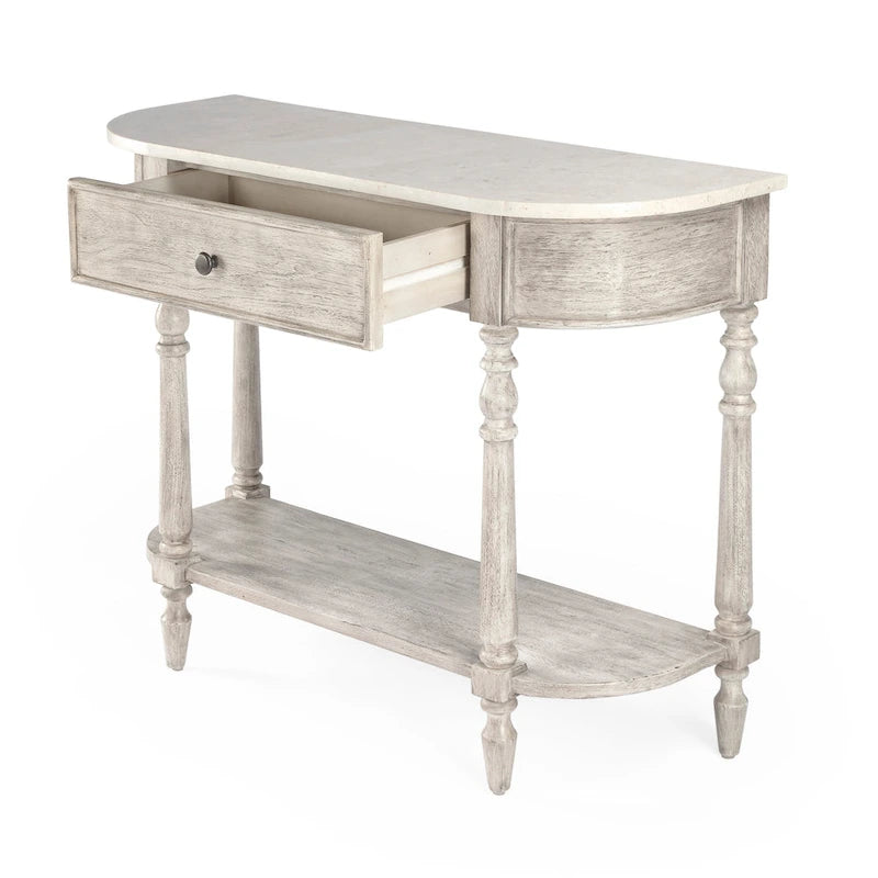Table console avec plateau en marbre – Marron clair / gris / noir délavé, demi-lune, montage par une personne