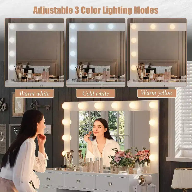 Coiffeuse avec prise de courant et miroir éclairé à 12 LED - 11 tiroirs 45 Coiffeuse de maquillage avec plateau en verre et 3 modes d'éclairage