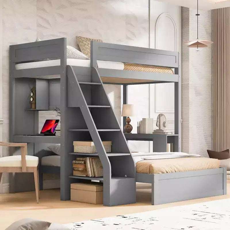 Lit superposé simple XL sur double avec bureau et USB, en bois massif avec étagères latérales et rangement sous le lit