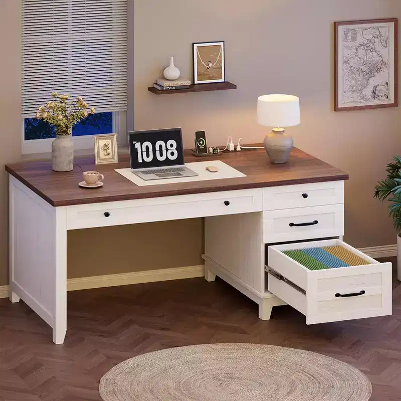 Bureau de travail style Ferme avec station de charge et classeur, 136 cm
