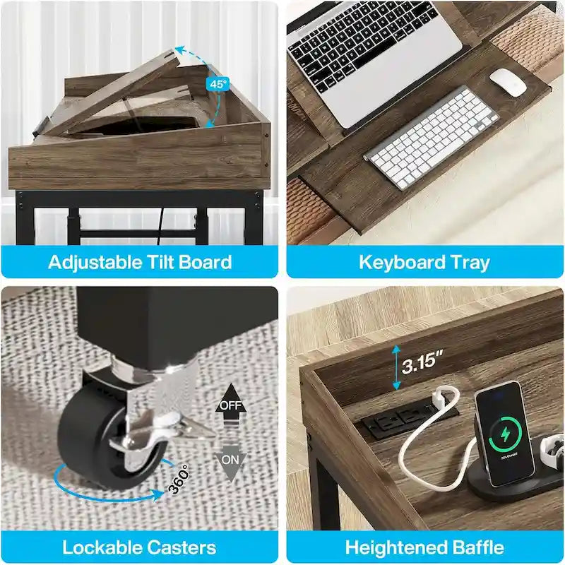 Table de chevet réglable en hauteur avec roulettes, chariot mobile pour ordinateur portable avec prises et ports USB