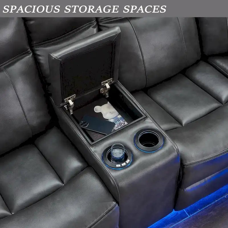 Canapé d'angle inclinable électrique avec lumières LED, fauteuil inclinable en similicuir, porte-gobelets en forme de L, port USB pour salon noir