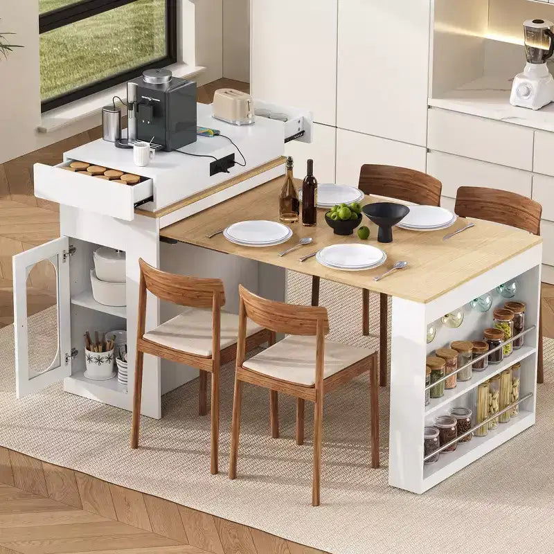 Table à manger extensible Whisen, table îlot mobile roulante avec 3 rallonges amovibles, meuble de rangement