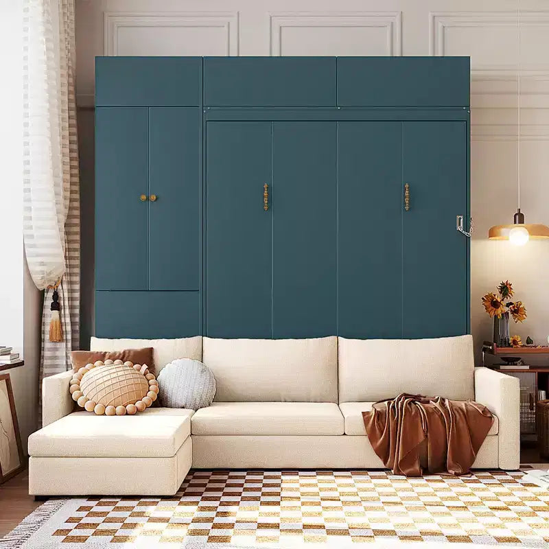 Lit escamotable Queen size avec canapé et armoire, Lit mural Queen en bois avec étagères, Lit escamotable pour chambre d'amis ou bureau