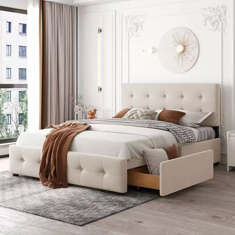 Lit plateforme capitonné avec tête de lit classique et 4 tiroirs - Aucun sommier requis - Tissu en lin - Grand lit (Queen) - Beige
