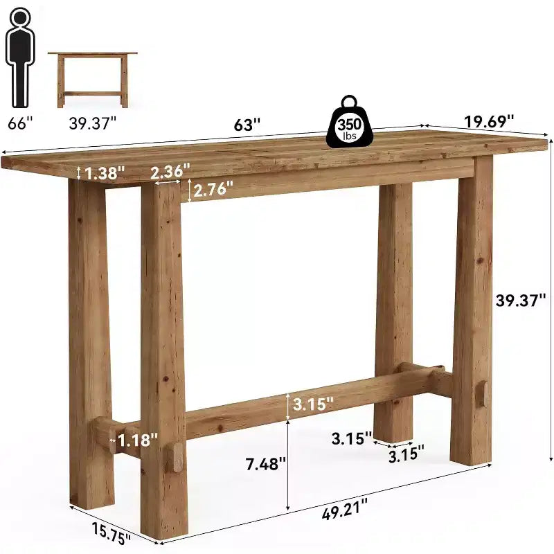 Table de bar de 63 pouces en bois massif, hauteur bar, pour cuisine, café ou restaurant