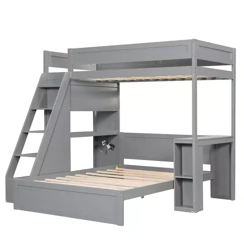 Lit superposé simple XL sur double avec bureau et USB, en bois massif avec étagères latérales et rangement sous le lit
