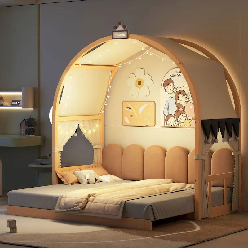 Lit plateforme Montessori au sol en bois massif, style maisonnette avec toit arqué et lit gigogne, pour filles et garçons