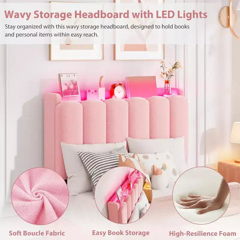 Cadre de lit avec tête de lit de rangement, cadre de lit pour enfant avec 2 tiroirs, lit plateforme tapissé en tissu, tête de lit profilée avec étagère.