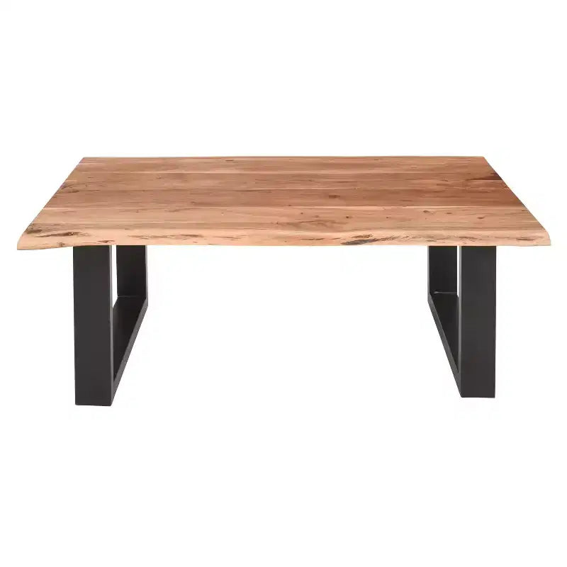 Table basse rectangulaire Urban Port 45 en bois d’acacia, détails de bord naturel, piètement en métal thermolaqué noir, brun naturel