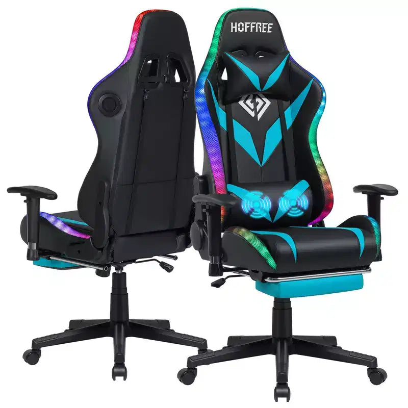 Fauteuil de jeu inclinable de massage Hoffree Chaise de bureau ergonomique pour PC avec haut-parleur Bluetooth et lumière RVB