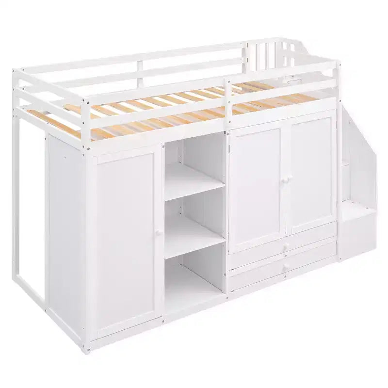Lit mezzanine fonctionnel 93.3 avec armoires, étagères, tiroirs et échelle de rangement