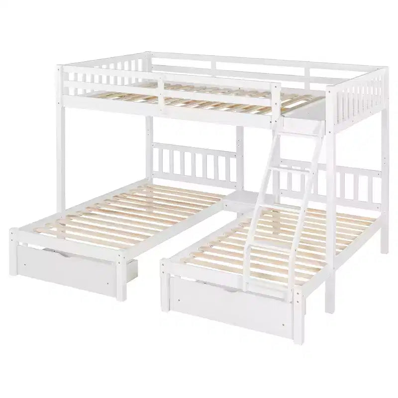 Lit superposé Triple (grand lit en haut, lits jumeaux en bas) avec 2 tiroirs de rangement, en bois, peut être séparé en 3 lits individuels