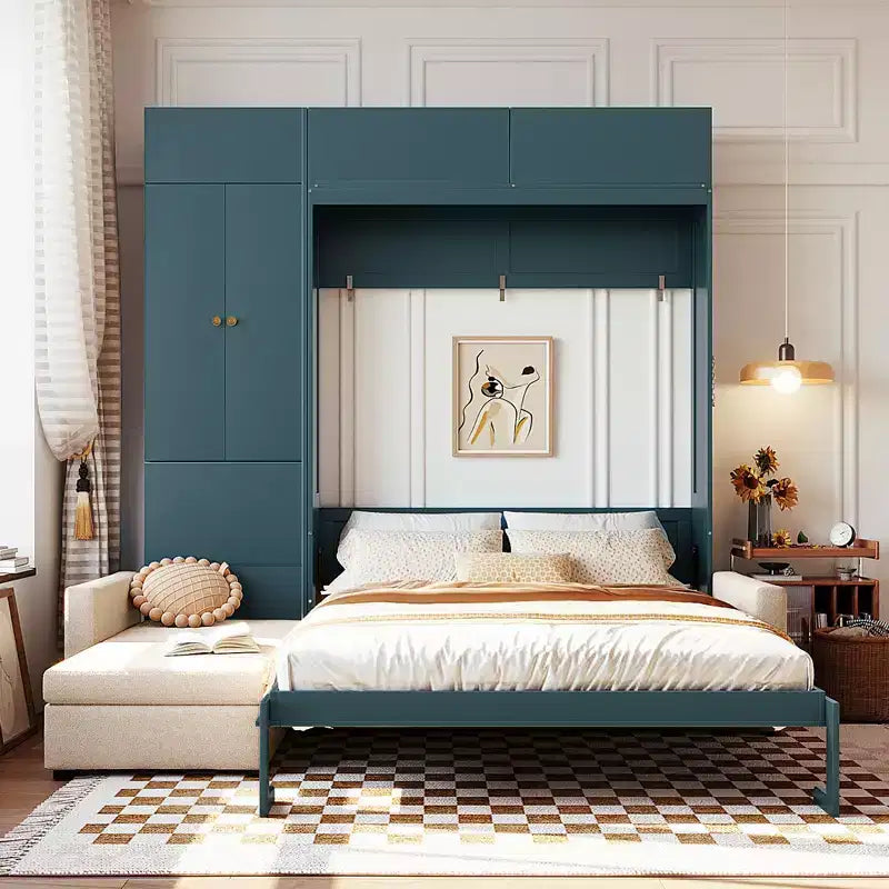 Lit escamotable Queen size avec canapé et armoire, Lit mural Queen en bois avec étagères, Lit escamotable pour chambre d'amis ou bureau