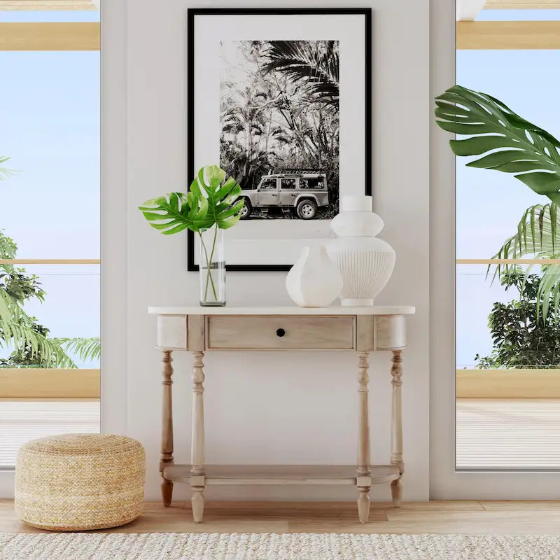 Table console avec plateau en marbre – Marron clair / gris / noir délavé, demi-lune, montage par une personne