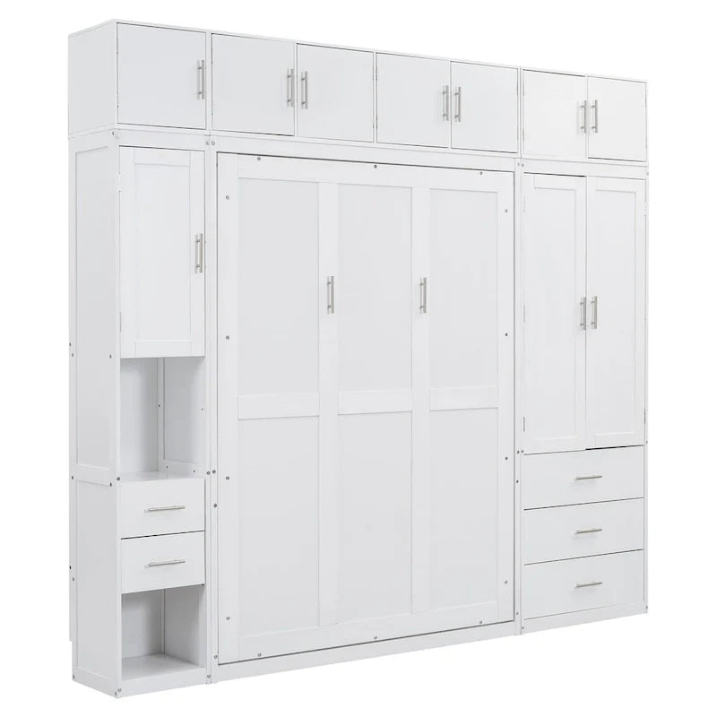 Lit escamotable moderne blanc pleine grandeur avec tiroirs, casiers et armoires