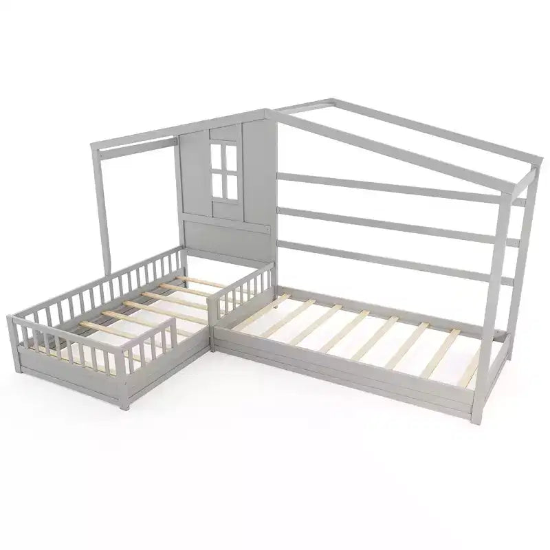 Lits superposés en L avec plateforme en forme de maison, fenêtre et barrières – Gris/Blanc