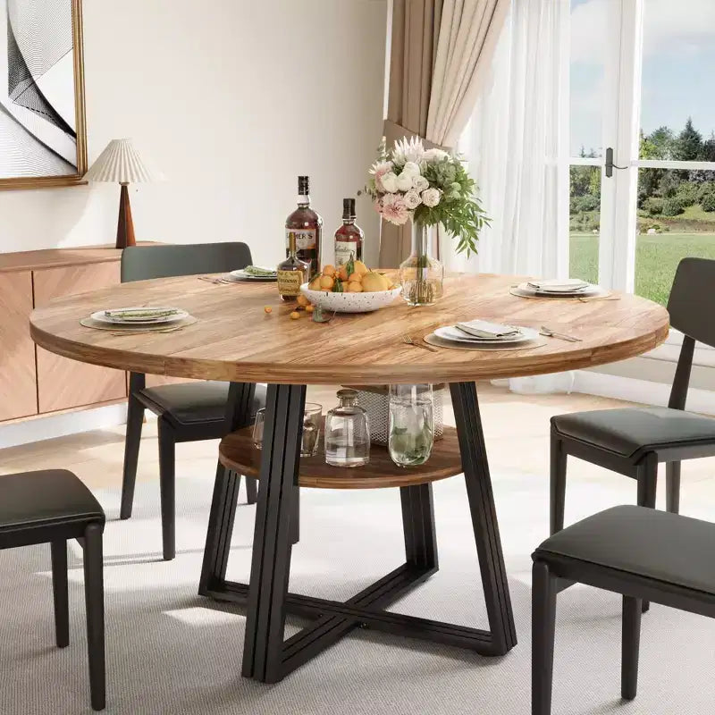 Table de salle à manger ronde pour 4 à 6 personnes, table de cuisine de 120 cm avec étagère de rangement, table à manger en bois avec base en métal pour salon, sans chaises