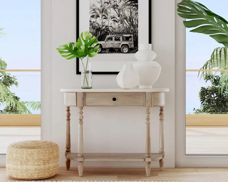 Table console avec plateau en marbre – Marron clair / gris / noir délavé, demi-lune, montage par une personne