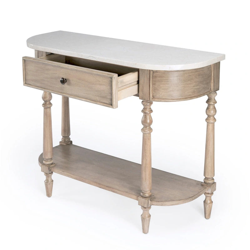 Table console avec plateau en marbre – Marron clair / gris / noir délavé, demi-lune, montage par une personne