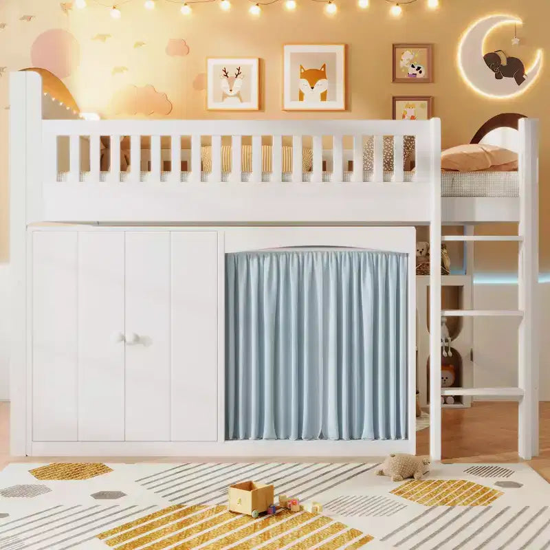 Lit mezzanine GDFStudio Bishop avec armoire de rangement, penderie et LED