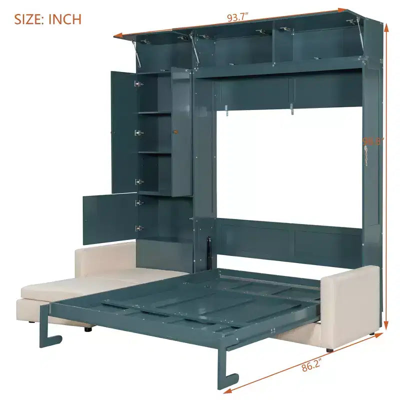 Lit escamotable Queen size avec canapé et armoire, Lit mural Queen en bois avec étagères, Lit escamotable pour chambre d'amis ou bureau