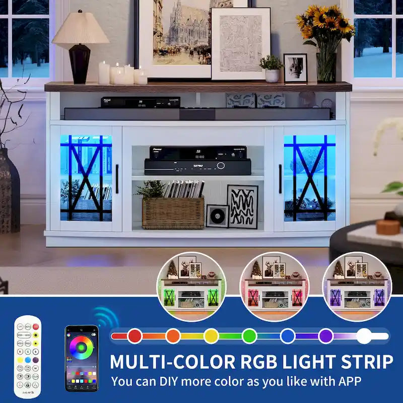 Meuble TV haut 2 portes avec lumières LED Moasis de 59 pouces pour téléviseurs jusqu'à 70 pouces