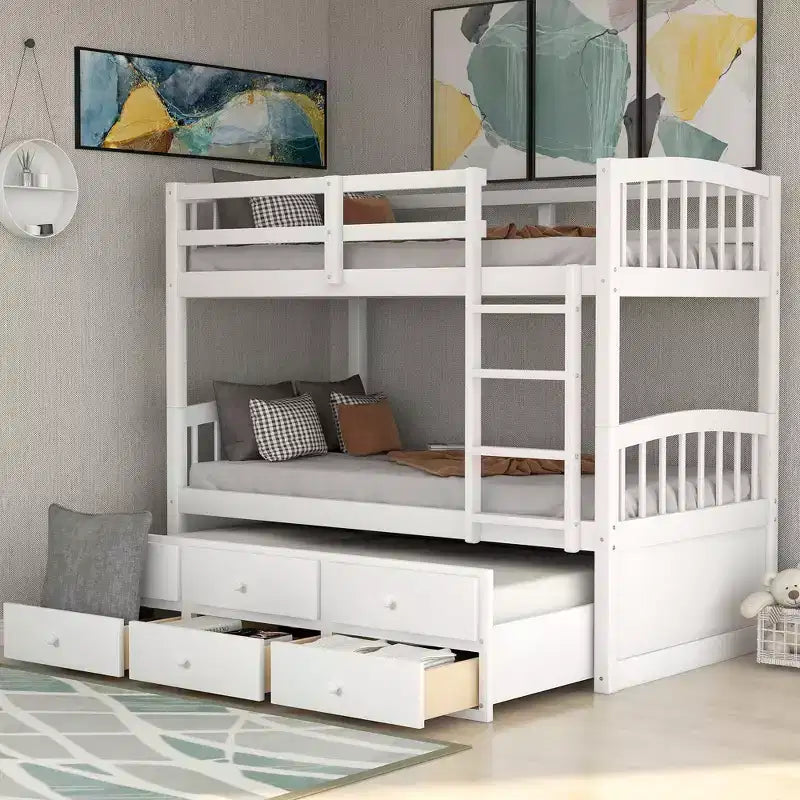 Lit superposé double avec échelle, barrière de sécurité, lit gigogne double avec 3 tiroirs pour chambre d'adolescent, meubles de chambre d'amis