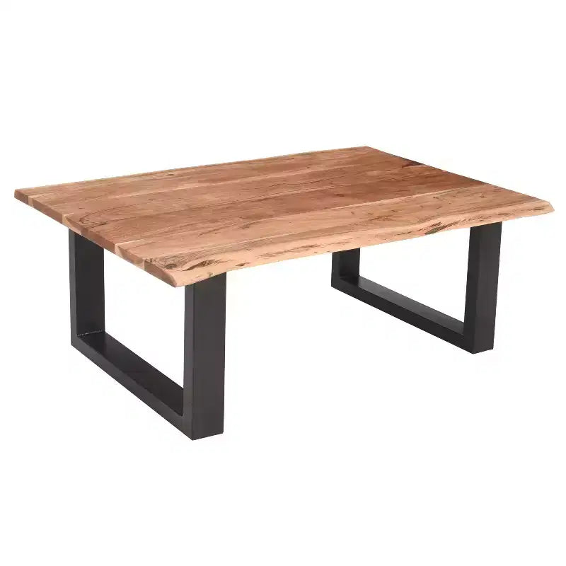 Table basse rectangulaire Urban Port 45 en bois d’acacia, détails de bord naturel, piètement en métal thermolaqué noir, brun naturel