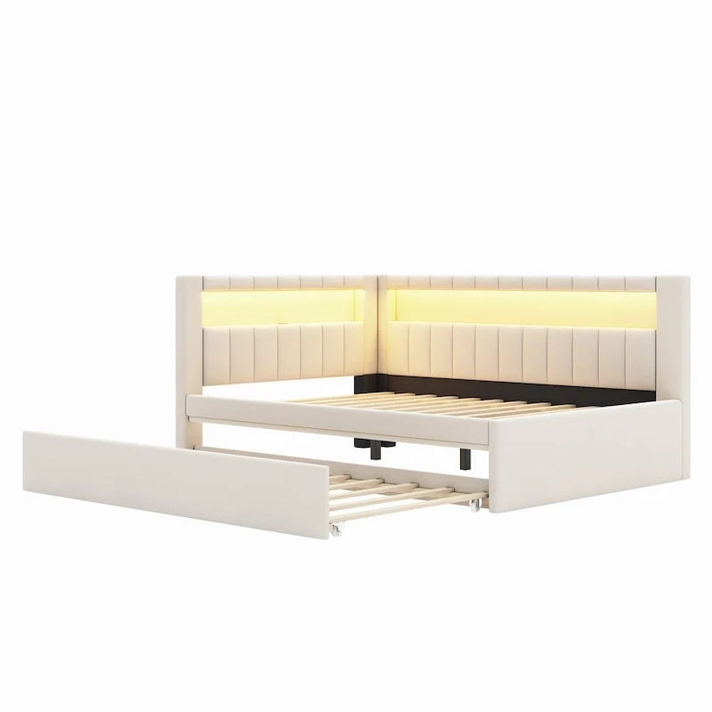 Lit plateforme rembourré avec ports USB et éclairage LED - Cadre de lit double/simple avec 2 tiroirs de rangement - Chambre moderne