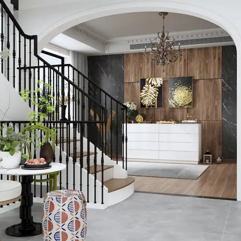 Commode 63 à finition haute brillance avec caisson éclairé à 8 tiroirs et plateau spacieux
