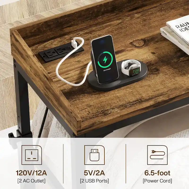 Table de chevet réglable en hauteur avec roulettes, chariot mobile pour ordinateur portable avec prises et ports USB