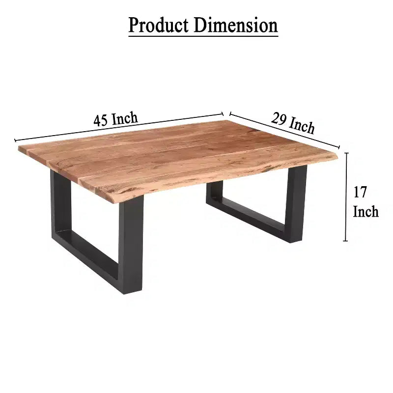 Table basse rectangulaire Urban Port 45 en bois d’acacia, détails de bord naturel, piètement en métal thermolaqué noir, brun naturel
