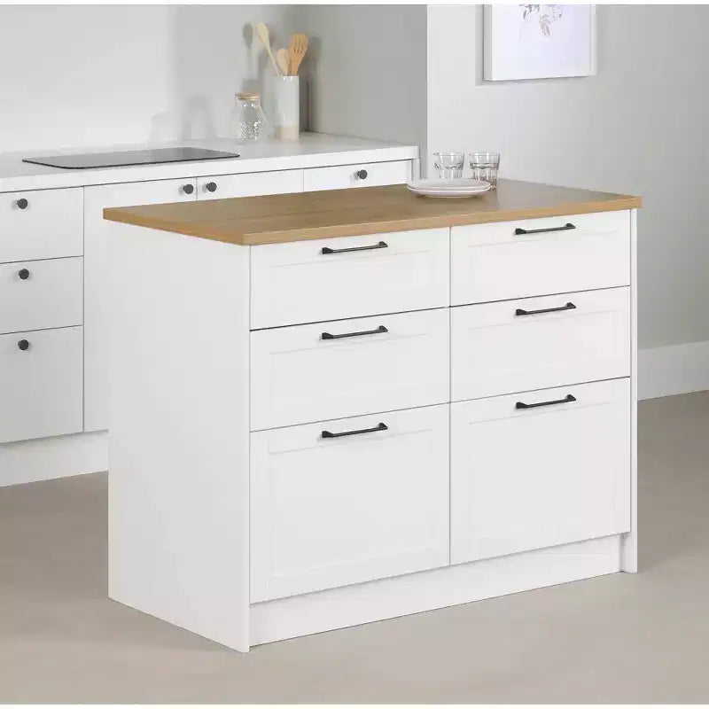 Îlot de cuisine à 6 tiroirs – Style maison de campagne, blanc et érable muscade, 47,25 po l