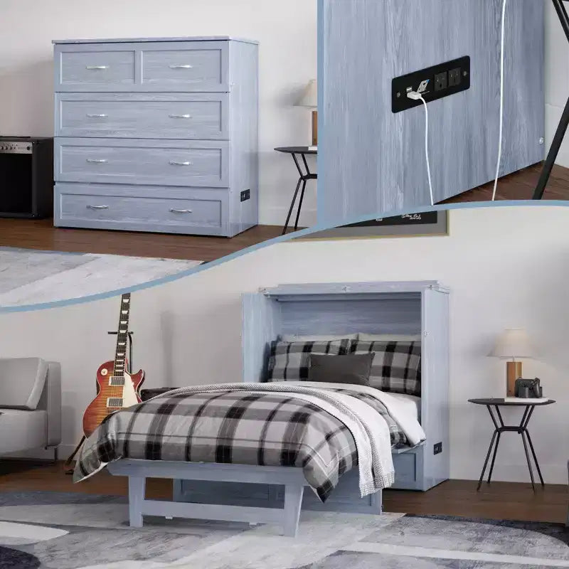 Coffre-lit escamotable avec matelas, lit jumeau XL, bleu/blanc, 1 personne