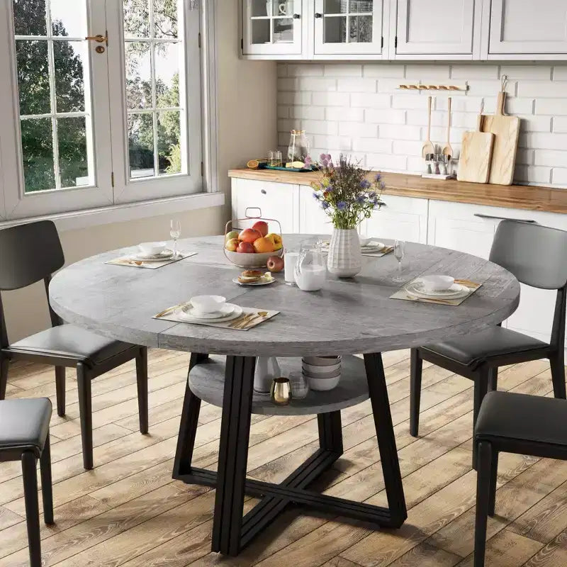 Table à manger ronde de 119 cm pour 4 personnes, table à manger de cuisine circulaire sur pied, table peu encombrante pour cuisine et salle à manger en bois