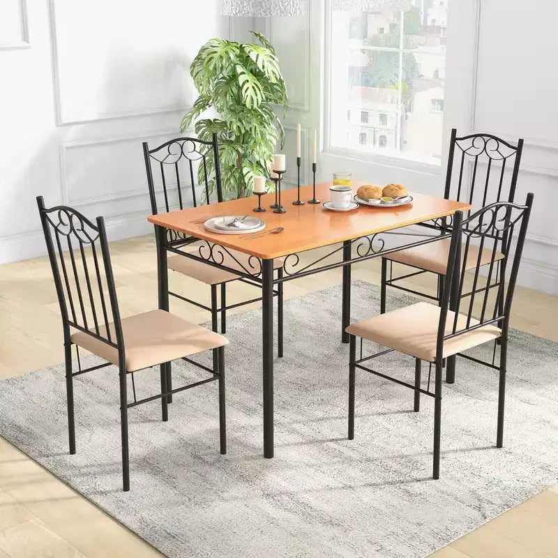 Costway 5 PCS Dining Set Wood Metal 30 Table & 4 Chairs Upholstered Kitchen Breakfast Furniture
