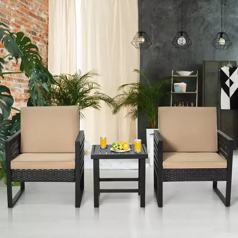 Costway Ensemble de Meubles de Jardin en Rotin 3 Pièces avec Coussins, Fauteuil et Table Basse