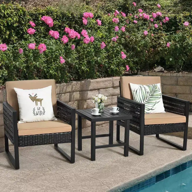 Costway Ensemble de Meubles de Jardin en Rotin 3 Pièces avec Coussins, Fauteuil et Table Basse