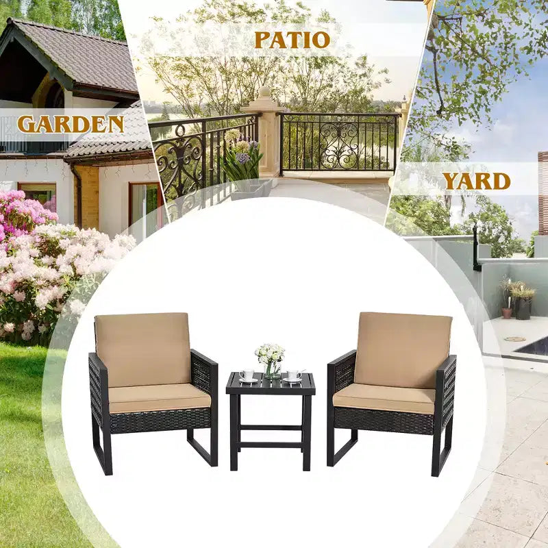 Costway Ensemble de Meubles de Jardin en Rotin 3 Pièces avec Coussins, Fauteuil et Table Basse