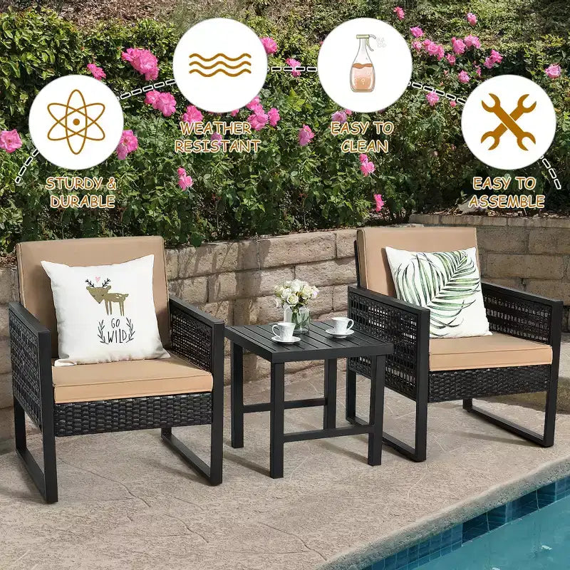 Costway Ensemble de Meubles de Jardin en Rotin 3 Pièces avec Coussins, Fauteuil et Table Basse