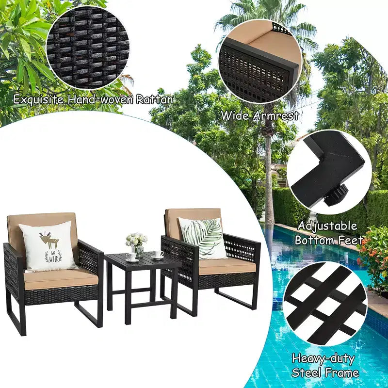 Costway Ensemble de Meubles de Jardin en Rotin 3 Pièces avec Coussins, Fauteuil et Table Basse