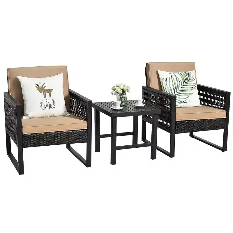 Costway Ensemble de Meubles de Jardin en Rotin 3 Pièces avec Coussins, Fauteuil et Table Basse
