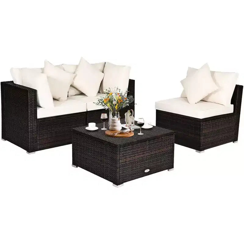 Costway Ensemble de Meubles de Salon de Jardin en Rotin 4 Pièces avec Canapé, Coussins et Ottoman