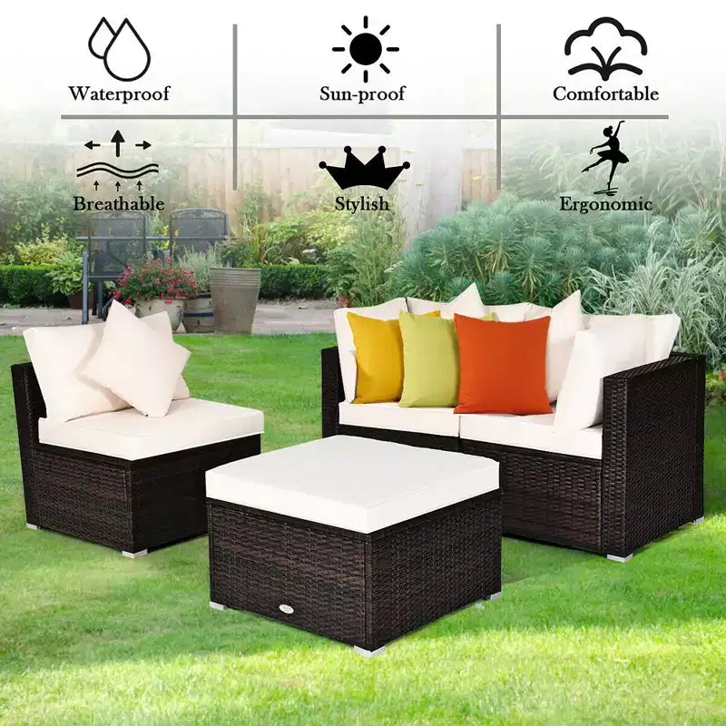 Costway Ensemble de Meubles de Salon de Jardin en Rotin 4 Pièces avec Canapé, Coussins et Ottoman