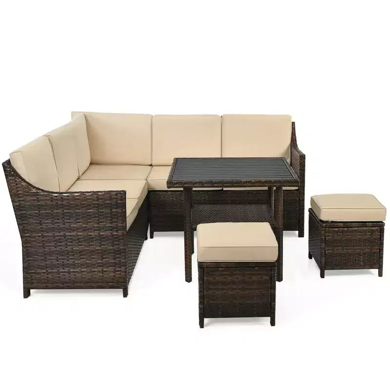 Costway Ensemble de meubles de salle à manger 6 pièces en rotin pour patio avec pouf et étagère inférieure
