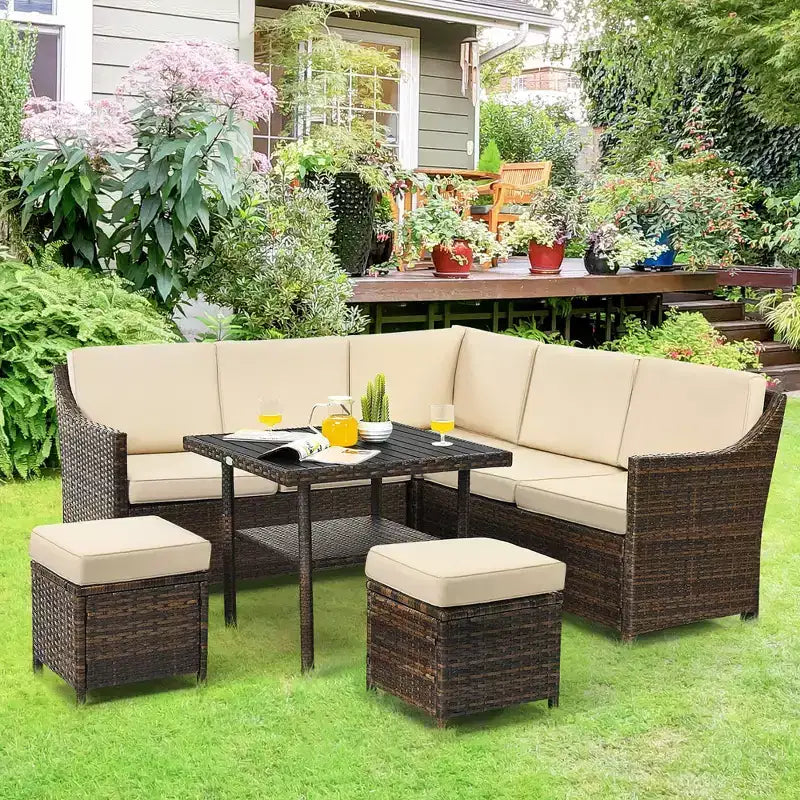 Costway Ensemble de meubles de salle à manger 6 pièces en rotin pour patio avec pouf et étagère inférieure