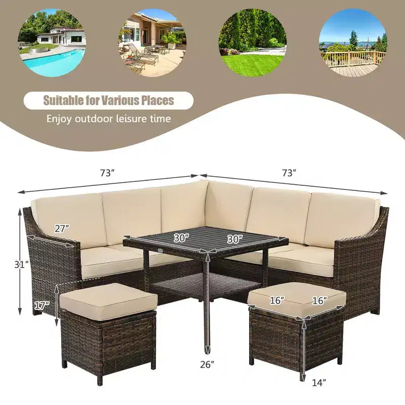 Costway Ensemble de meubles de salle à manger 6 pièces en rotin pour patio avec pouf et étagère inférieure