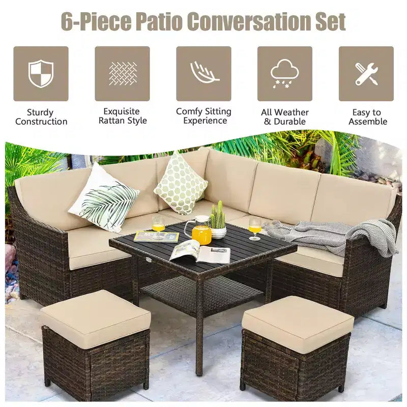 Costway Ensemble de meubles de salle à manger 6 pièces en rotin pour patio avec pouf et étagère inférieure